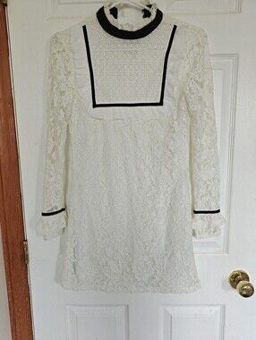 Fashion Union Ivory Lace Long Sleeve Mini Dress with Black Trim, Size 2